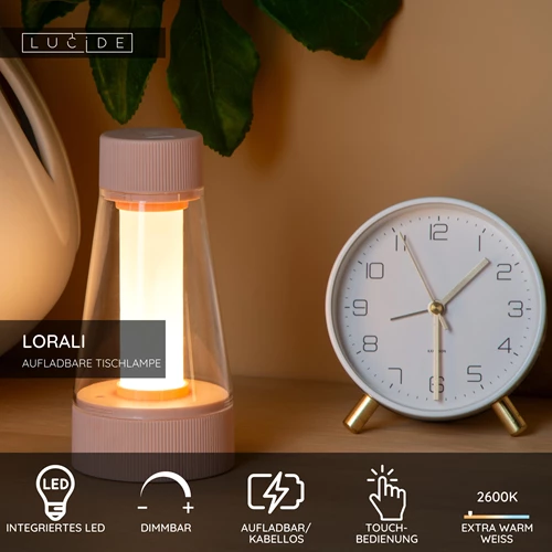 Lucide LORALI - wiederaufladbare Tischlampe Innen/Außen - Akku/Batterie - Ø 7,7 cm - LED Dim. - 1x1,2W 2600K/3000K - IP44 - Rosa - USP
